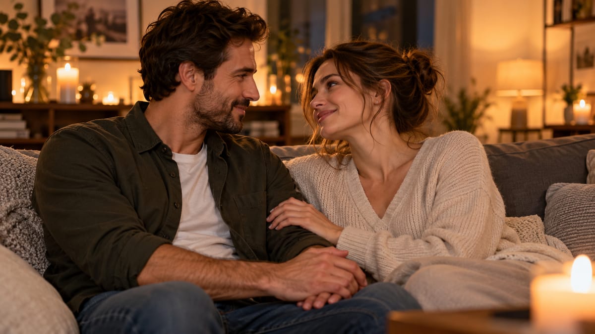 Couple apaisé, blotti sur le canapé